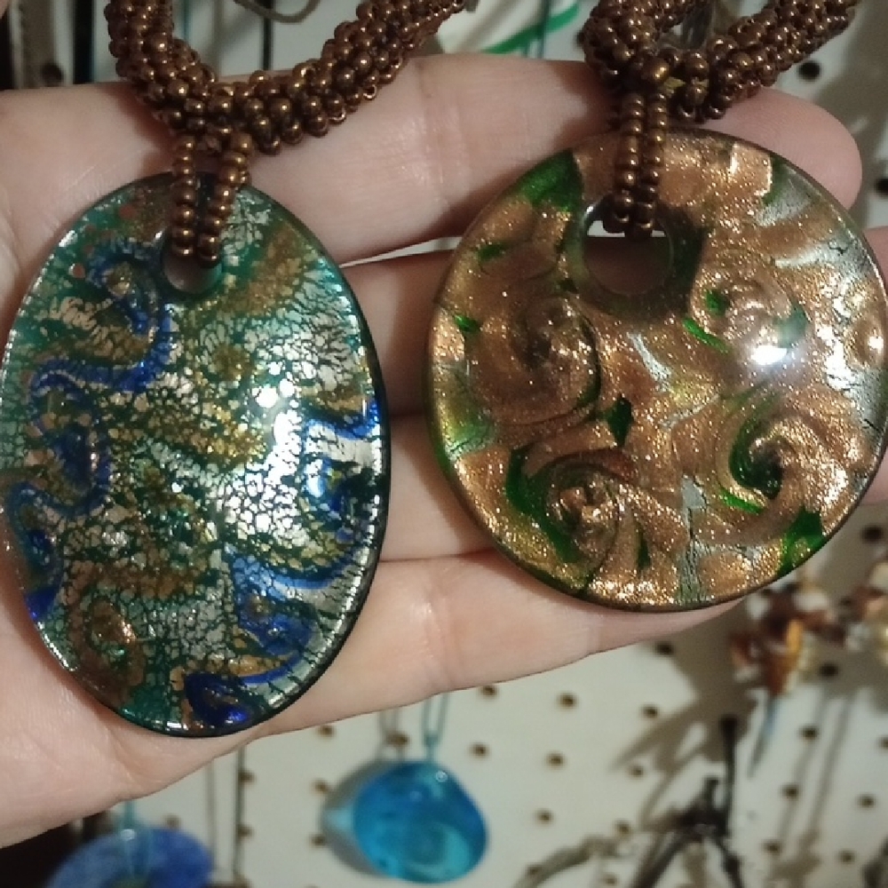 Choice Of Glass Pendant Necklace  - Blue/Green Or Gold/Green